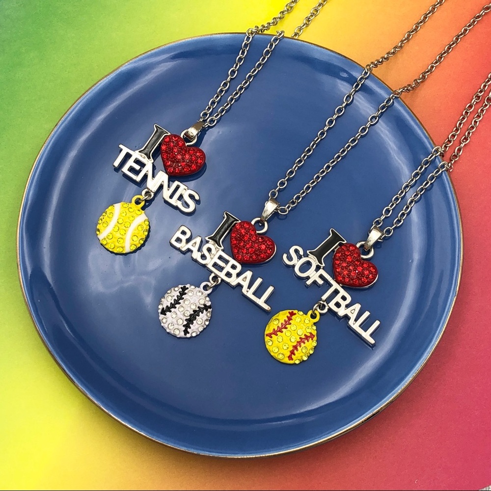 🌼 I Love Tennis Baseball or Softball Rhinestone Color Silver Necklace
